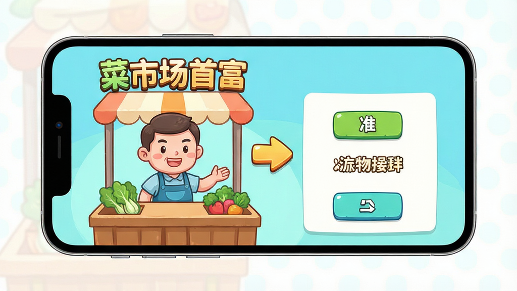 手机屏幕展示菜市场首富游戏新手引导界面,画面中有卡通摊主和提示箭头,界面包含