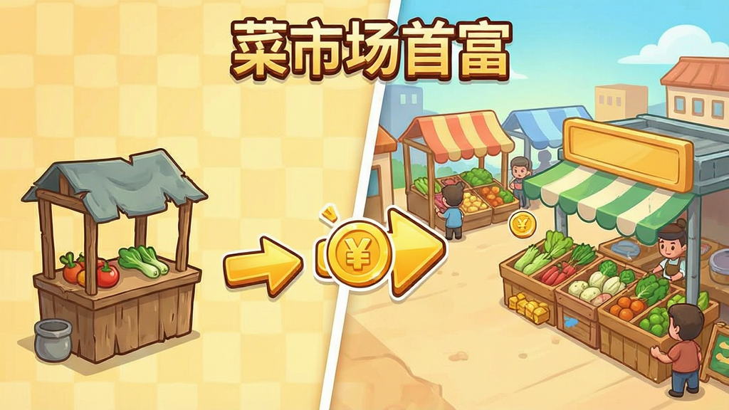 卡通风格手游截图,画面展示一个从小菜摊逐步扩张为大型菜市场的过程,左侧是简陋的小摊位,右侧是繁华的大型市场,中间用箭头和金币图标连接表示升级路线,画面中包含