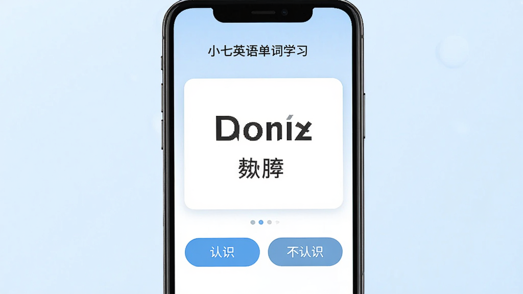 一张以小七英语单词学习功能为主题的AI生成图,画面中央是手机屏幕特写,屏幕上显示单词卡片界面,卡片上有英文单词和中文释义,下方有“认识”和“不认识”两个按钮,背景为淡蓝色渐变,风格清新简约,画面干净,画质清晰,无多余装饰元素。
