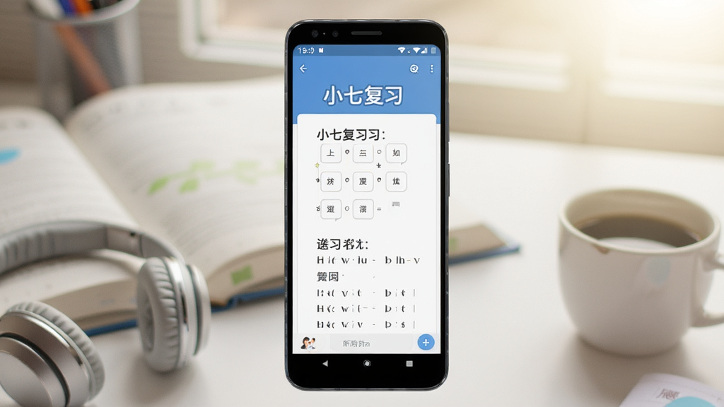 一张展示小七英语在安卓手机上运行效果的预览图,画面中手机屏幕显示单词复习界面,周围有书本、耳机、咖啡杯等学习场景元素点缀,整体风格温馨明亮,构图均衡,画质清晰干净,无多余杂乱元素。