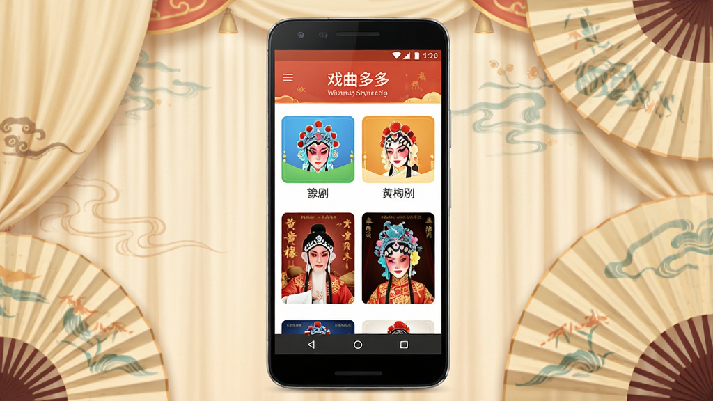 画面中央放置一部安卓手机,手机屏幕显示“戏曲多多”应用主界面,界面上有京剧、豫剧、黄梅戏等戏曲分类图标和戏曲人物海报,背景为淡雅的中国风舞台幕布与折扇元素,布局简洁清晰,风格写实温暖,细节丰富,画质高清,干净无多余元素