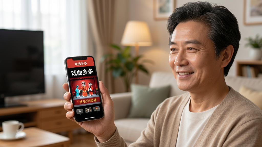 画面展示一位中年用户手持手机使用“戏曲多多”观看戏曲视频,手机屏幕显示清晰的戏曲舞台画面,用户面带微笑,背景为居家客厅环境,布局自然,风格温馨写实,细节丰富,画质高清,干净无多余元素