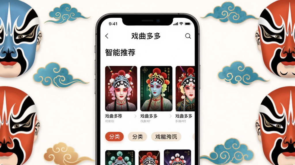 画面中央展示“戏曲多多”手机界面中的智能推荐页面,页面上有戏曲封面卡片和分类标签,周围环绕戏曲脸谱、云纹等中国风装饰元素,布局居中对称,风格现代简洁,细节清晰,画质高清,干净无多余元素