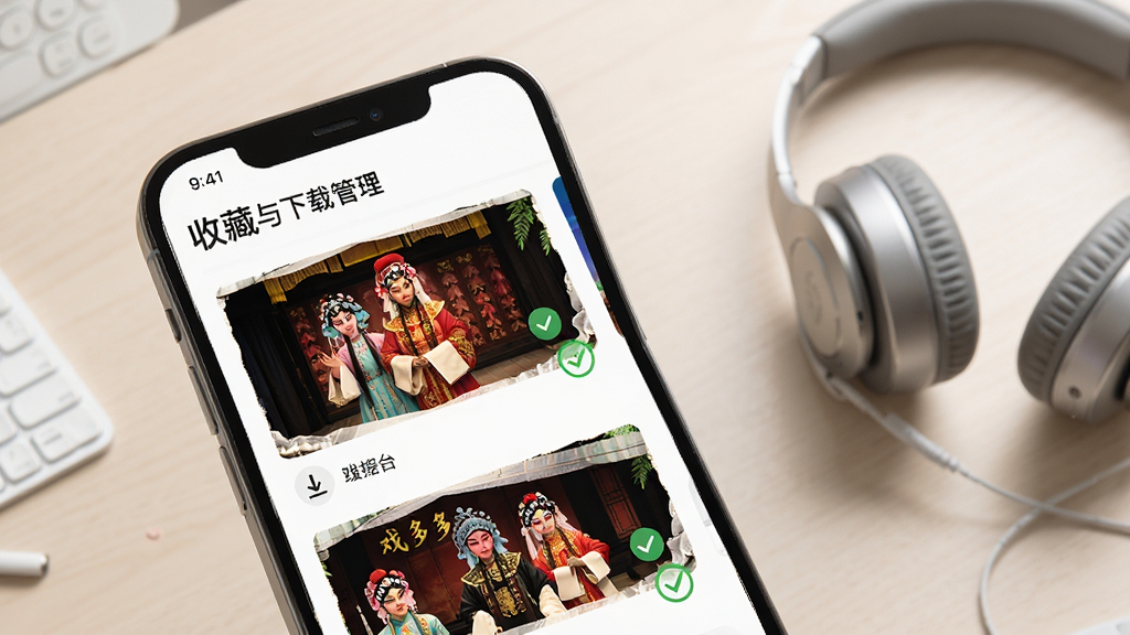 画面展示“戏曲多多”应用内的收藏与下载管理界面,手机屏幕上有多个已缓存的戏曲剧目缩略图,旁边有下载完成的对勾图标,背景为简约的浅色桌面与耳机,布局清晰,风格干净利落,细节到位,画质高清,无多余元素