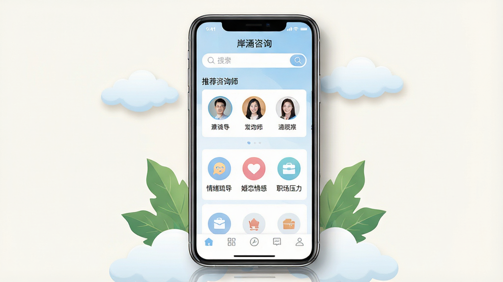 画面中央放置一部智能手机,手机屏幕上显示“岸涌咨询”APP的首页界面,界面以柔和的浅蓝色和白色为主色调,上方有搜索栏和推荐咨询师头像列表,中部有“情绪疏导”“婚恋情感”“职场压力”等分类图标,底部为导航栏。手机周围环绕着淡雅的云朵和绿叶装饰元素,背景为干净的米白色。整体风格清新、专业、温暖,排版居中对称。细节上手机边缘有轻微阴影和反光,画质高清,干净无多余元素。