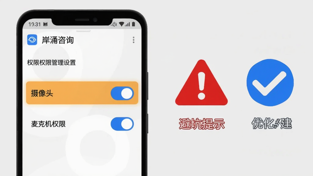 画面展示一部安卓手机屏幕,屏幕上显示“岸涌咨询”APP的权限管理设置页面,摄像头和麦克风权限开关被高亮标注。手机旁边有一个红色警示三角图标和蓝色对勾图标,分别代表避坑提示和优化建议。背景为浅灰色,整体风格为信息图表式,排版清晰,画质干净,无多余元素。