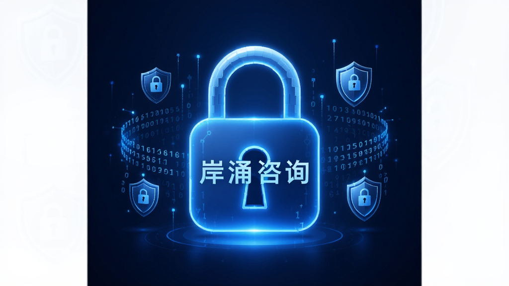 画面中央是一个发光的蓝色锁形图标,锁体上写着“岸涌咨询”四个字。锁的周围环绕着数字代码流和盾牌图案,象征加密保护。背景为深蓝色渐变,营造出安全、科技的氛围。整体布局居中,风格现代简洁,画质清晰,无多余元素。
