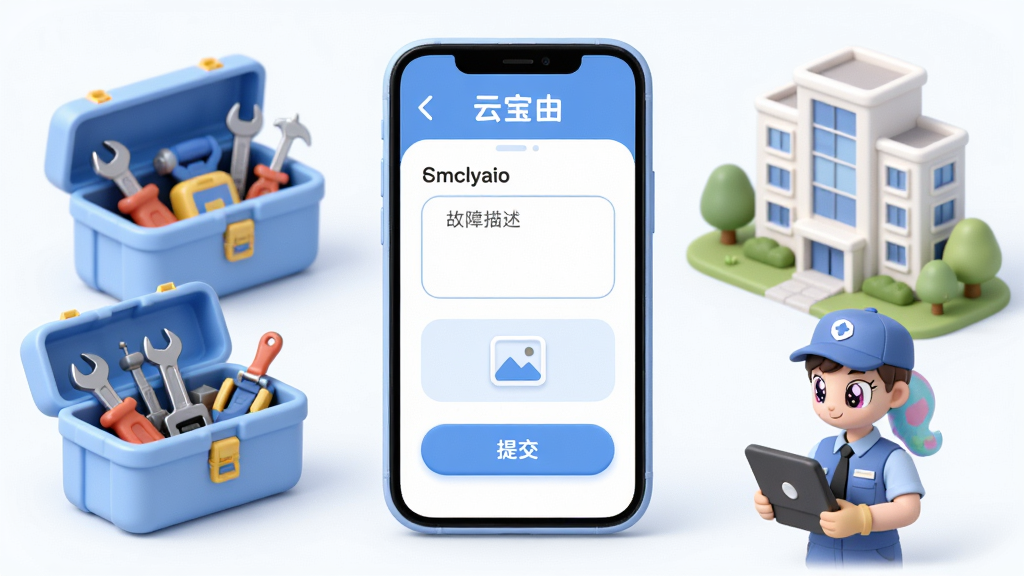 展示“云宝”APP物业报修功能界面的示意图,画面中央为手机屏幕,屏幕内显示报修工单填写页面,包含故障描述输入框、图片上传按钮和提交按钮,屏幕周围环绕维修工具箱、物业服务人员、园区楼宇等元素,采用柔和圆角设计风格,浅蓝色与白色搭配,画面整洁,细节丰富,画质高清,无多余元素