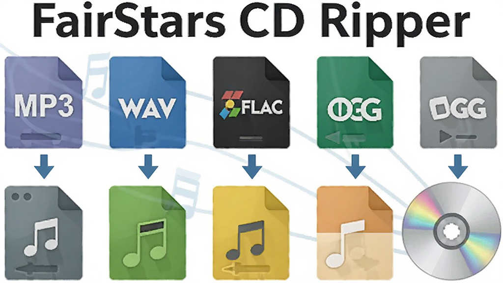 一张展示 FairStars CD Ripper 多格式转换功能的图片,画面中排列着多个音频格式图标如 MP3、WAV、FLAC、OGG 等,图标下方有箭头指向一个代表CD的光盘图标,整体布局简洁清晰,风格为扁平化科技插画,色彩明快,画质干净,无多余元素