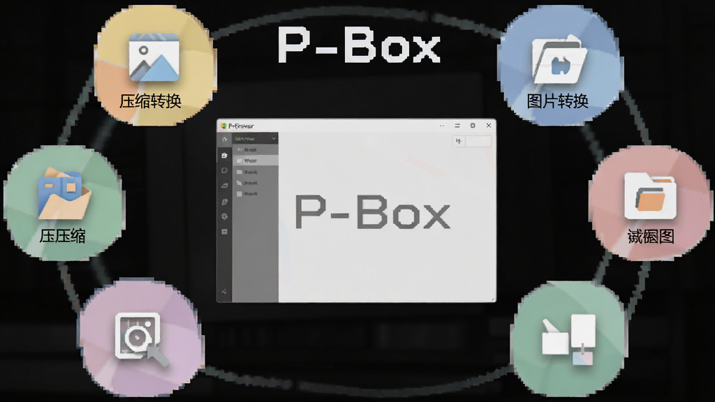 һ��չʾP-Box�๦�ܼ����ص��ʾ��ͼ��������P-Box�������汻�������ͼ�껷�ƣ�ͼ��ֱ����ѹ����ͼƬת������������ͼ�ȣ����ֲ��û������У�����ƽ����ɫ����ͣ������д��С�P-Box�����֣������������ɾ��޶���Ԫ��