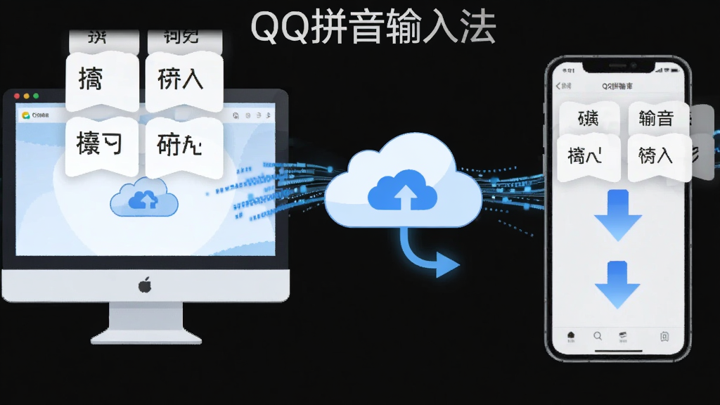 QQ拼音输入法智能云词库同步功能展示,主体为电脑与手机两台设备之间通过云端图标连接,布局左右对称,排版清晰,风格为扁平化科技插画,细节包含蓝色数据流、拼音候选词卡片、同步箭头,画面中文字标注“QQ拼音输入法”,画质高清干净,无多余元素