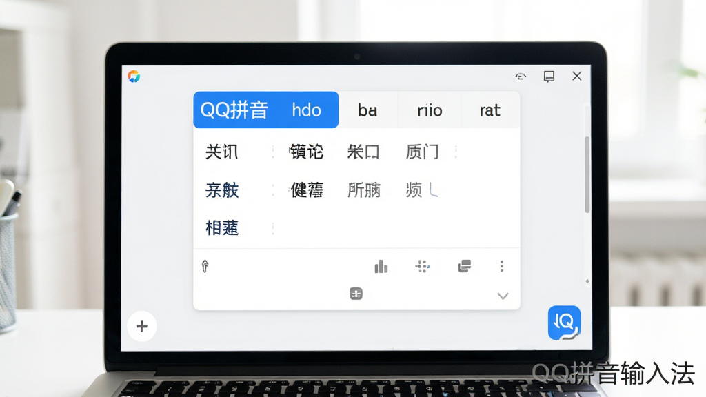 QQ拼音输入法无广告清爽界面展示,主体为笔记本电脑屏幕显示纯净的拼音输入候选框,布局居中,排版极简,风格为清新办公风,细节包含白色背景、蓝色候选字、右下角输入法图标,画面中文字标注“QQ拼音输入法”,画质清晰干净,无多余元素