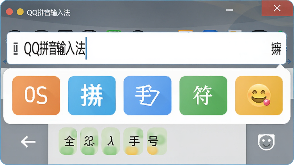 QQ拼音输入法多模式输入面板,主体为输入法状态栏展开的扩展功能菜单,布局为横向排列,排版整齐,风格为现代软件UI,细节包含全拼、双拼、手写、符号、表情等图标按钮,画面中文字标注“QQ拼音输入法”,画质高清干净,无多余元素