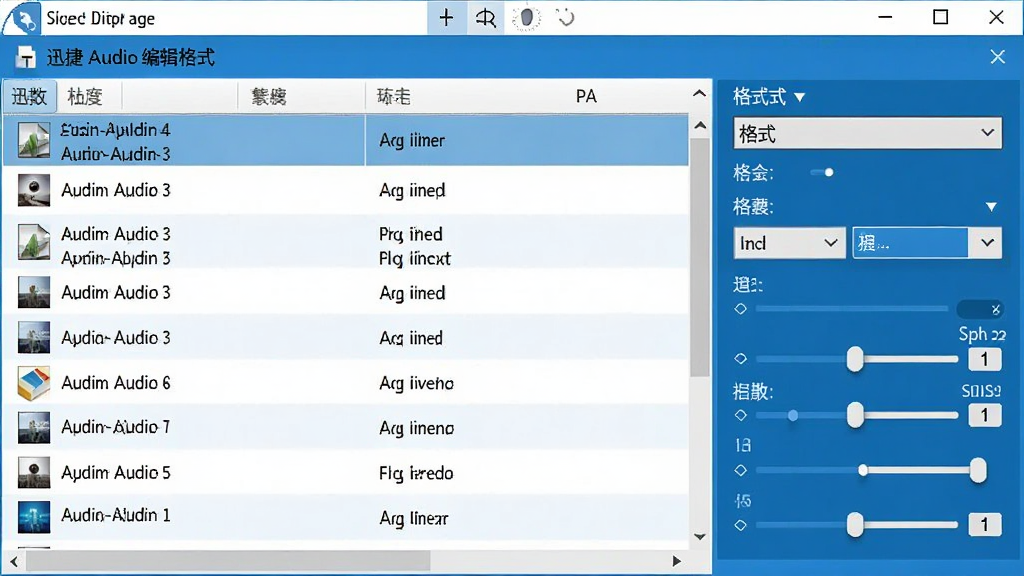 一张展示迅捷音频编辑软件格式转换功能的图片,画面中软件界面显示多个音频文件列表,右侧有格式选择下拉框和参数调节滑块,整体风格简洁商务,蓝白配色,细节清晰,画质干净,无多余元素