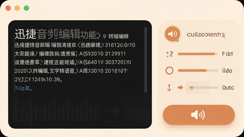 一张展示迅捷音频编辑软件文字转语音功能的图片,画面中软件界面左侧是文字输入框,右侧是语音参数设置和试听按钮,整体风格柔和圆角,配色温暖,细节清晰,画质干净,无多余元素