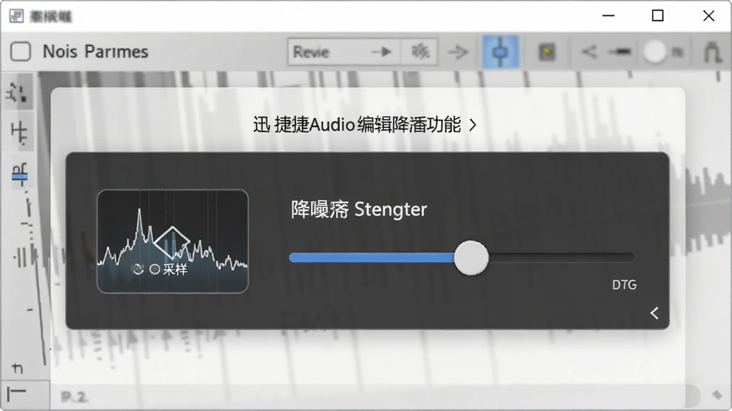一张展示迅捷音频编辑软件降噪功能的图片,画面中软件界面显示降噪参数调节面板,有噪声采样按钮和降噪强度滑块,背景为简洁的灰白配色,风格专业,细节清晰,画质干净,无多余元素