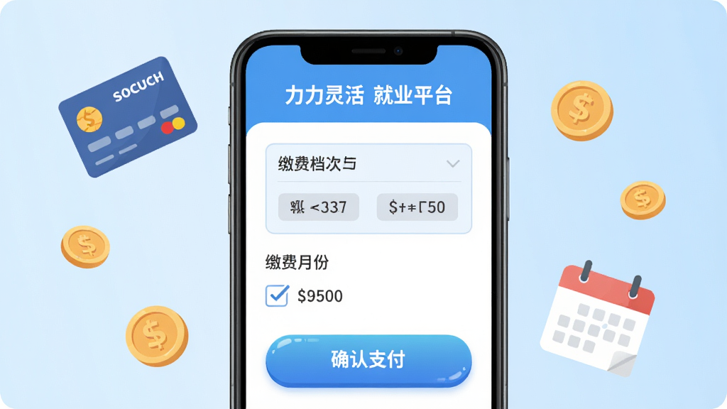 一部智能手机展示“力力灵活就业平台”的社保缴费页面,页面上有缴费档次选择框、缴费月份勾选项和确认支付按钮,背景为浅蓝色渐变,手机周围漂浮着社保卡、硬币和日历的卡通图标,布局为居中展示,风格为清新扁平化设计,细节包括按钮的高光效果、数字清晰可读,画质高清,干净,无多余元素
