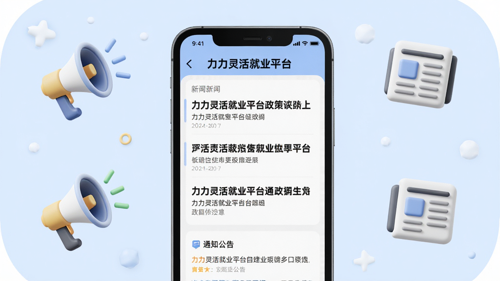 手机屏幕显示“力力灵活就业平台”的政策资讯页面,页面中有新闻列表和通知公告,背景为淡蓝色,手机旁边有喇叭和报纸图标,布局为手机居中、图标环绕,风格为清新浅色,细节包括新闻标题的加粗效果、图标立体感,画质高清,干净,无多余元素