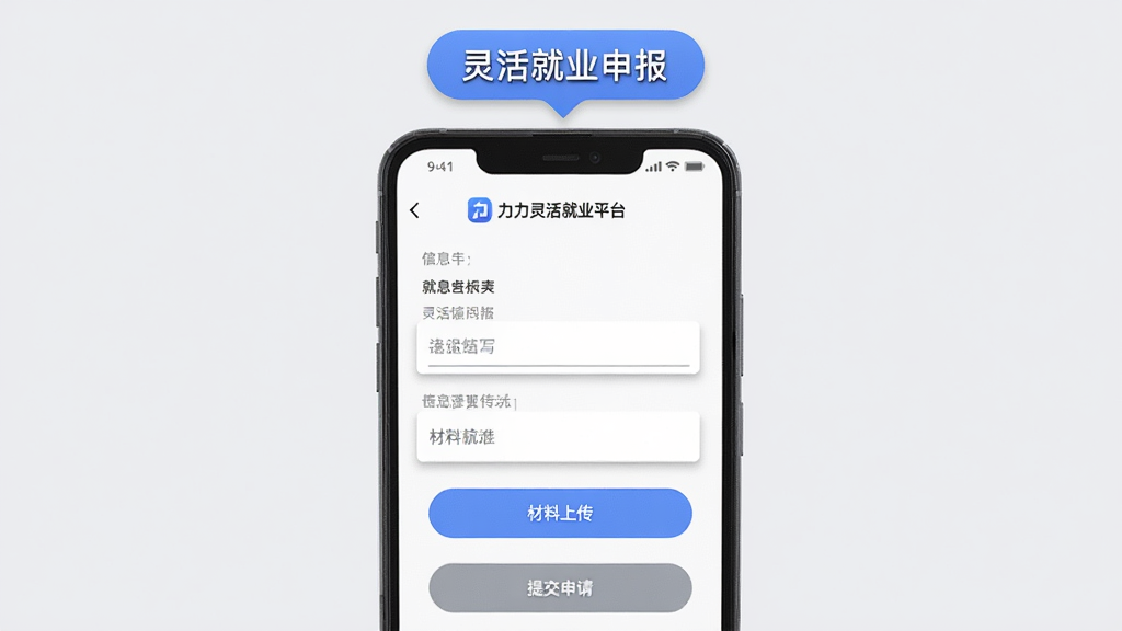 一部安卓手机展示“力力灵活就业平台”的灵活就业申报页面,页面上有信息填写表单、材料上传按钮和提交申请按钮,背景为浅灰色,手机上方有“灵活就业申报”字样气泡,布局为居中手机展示,风格为现代极简,细节包括表单输入框的阴影效果、按钮的圆角设计,画质高清,干净,无多余元素
