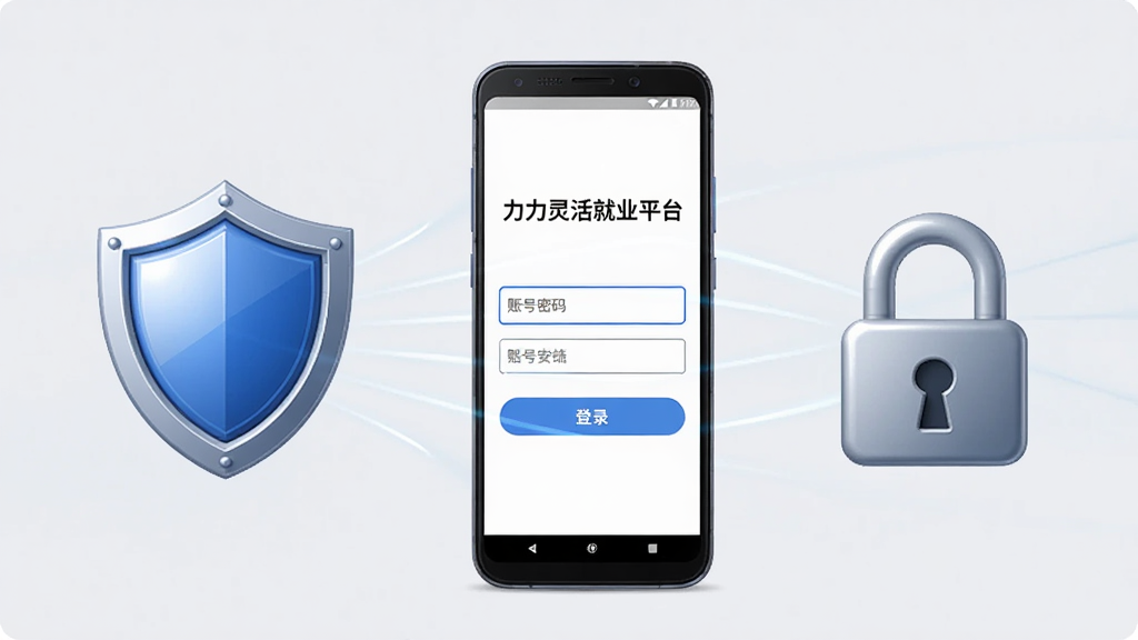 一部安卓手机显示“力力灵活就业平台”的登录页面,页面有账号密码输入框和登录按钮,手机旁边有盾牌和锁的图标,背景为浅灰色,布局为手机居中、图标左右分布,风格为安全简约,细节包括盾牌的高光、输入框的边框,画质高清,干净,无多余元素