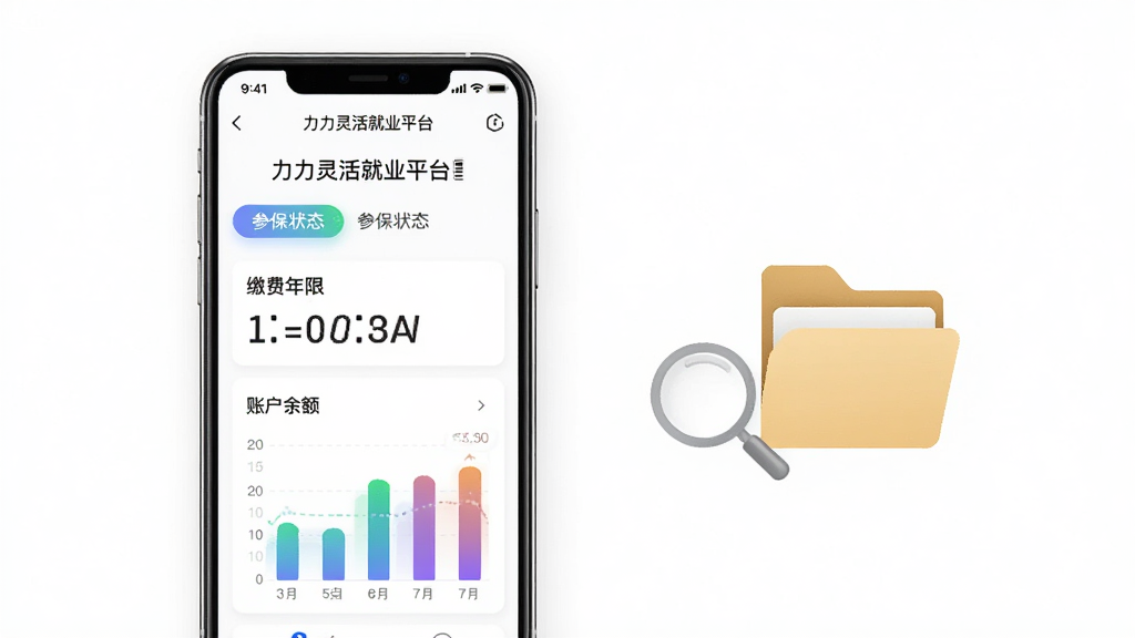 手机屏幕显示“力力灵活就业平台”的参保状态查询页面,页面中有参保状态标签、缴费年限数字、账户余额图表,背景为白色,手机旁边有放大镜和文件夹图标,布局为左侧手机右侧图标,风格为简约商务,细节包括图表渐变色彩、文字清晰,画质高清,干净,无多余元素