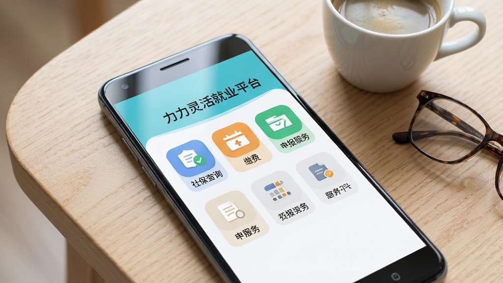 一部安卓手机屏幕亮起,屏幕中央显示“力力灵活就业平台”应用界面,界面包含社保查询、缴费入口、申报服务等图标按钮,手机放置在浅色木质桌面上,旁边有一杯咖啡和一副眼镜,整体布局简洁明快,排版居中,风格为现代商务扁平化,细节包括手机边缘反光、图标圆角设计、字体清晰,画质高清,干净,无多余元素