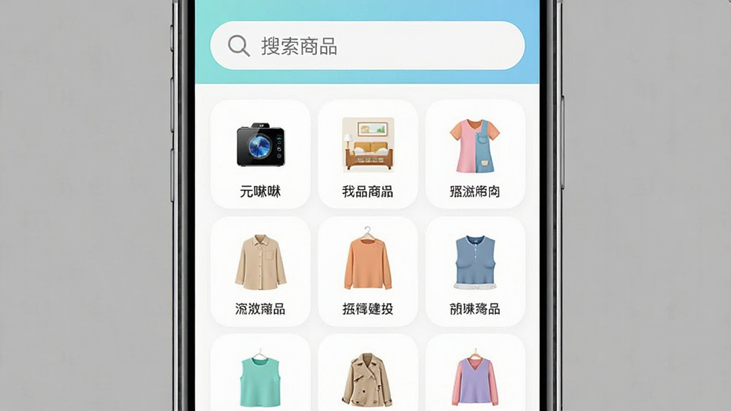 一张展示元唛唛应用内商品分类与搜索功能的界面截图,主体为手机屏幕,布局为顶部搜索栏加下方九宫格商品分类图标,排版规整,风格清新简约,细节包括分类图标如数码、家居、服饰等,搜索框内显示“搜索商品”字样,画质高清,干净无多余元素