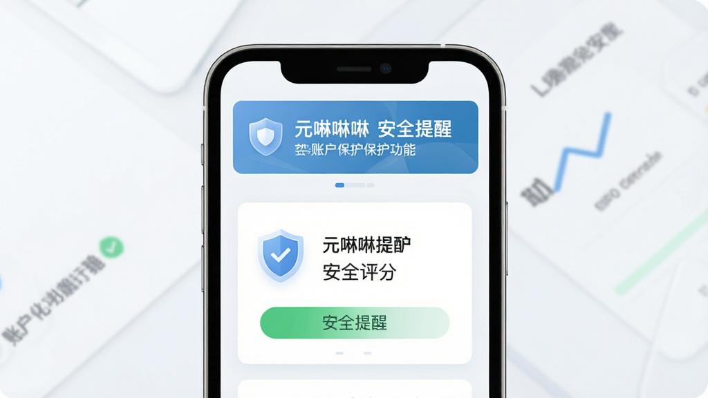 一张展示元唛唛安全提醒与账户保护功能的界面图,主体为手机屏幕,布局为顶部安全提示横幅加中部账户安全评分卡片,排版简洁,风格为浅色商务风,细节包括盾牌图标、绿色安全标识与文字“安全提醒”,画质高清,干净无多余元素