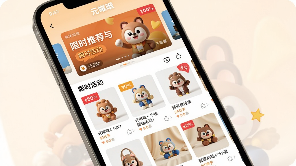 一张展示元唛唛个性化推荐与活动专区的手机界面图,主体为手机屏幕,布局为顶部轮播活动海报加下方商品推荐瀑布流,排版错落有致,风格为暖色调活力风,细节包括折扣标签、商品缩略图与“限时活动”文字,画质高清,干净无多余元素