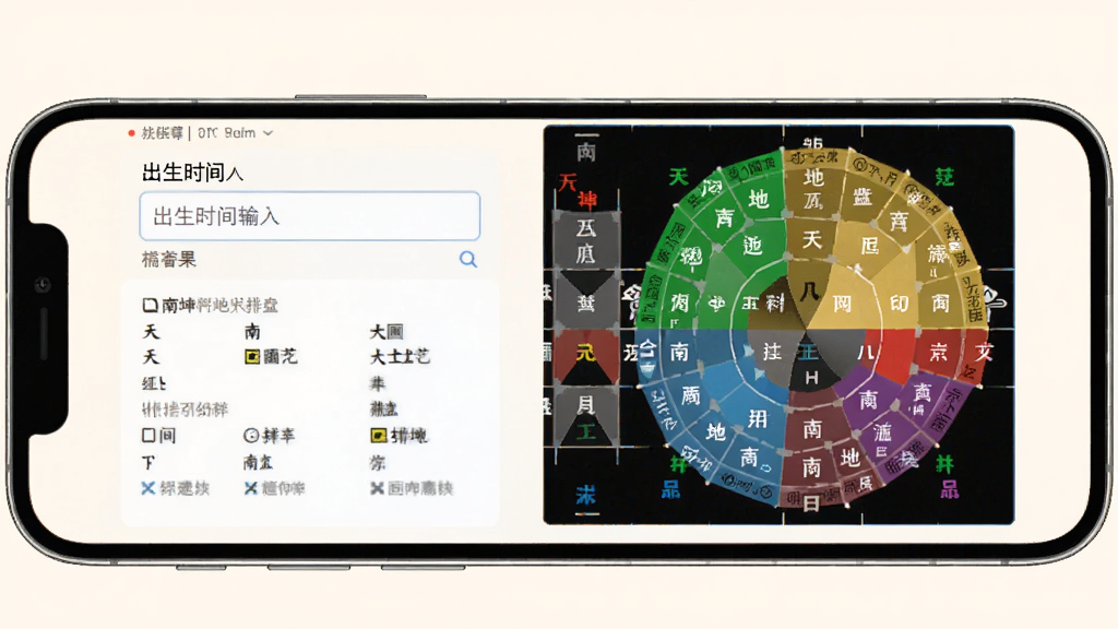 南坤八字排盘精准排盘引擎界面,手机屏幕显示出生时间输入框与排盘结果,天干地支排列整齐,五行颜色分明,背景为柔和米白色,风格清新专业,细节清晰,画质高清,干净无多余元素