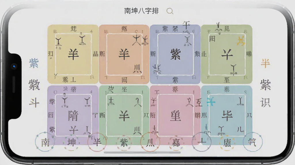 南坤八字排盘紫微斗数排盘界面,手机屏幕展示十二宫格与星曜名称,色彩柔和,布局对称,背景为浅灰色,风格典雅,细节丰富,画质高清,干净无多余元素