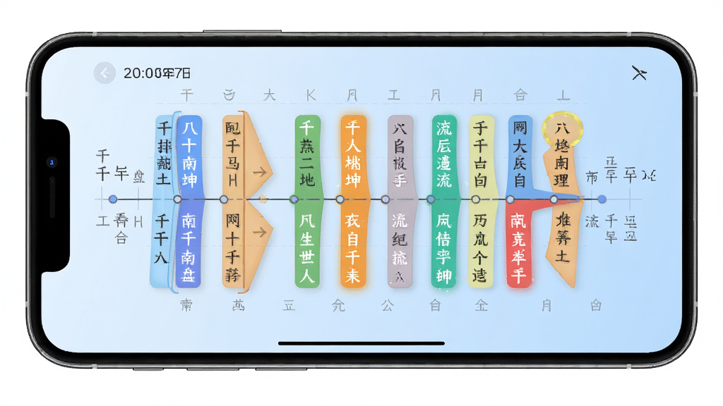 南坤八字排盘大运流年推演界面,手机屏幕显示时间轴与干支标注,大运分段清晰,流年高亮,背景为淡蓝色渐变,风格简洁现代,细节到位,画质高清,干净无多余元素