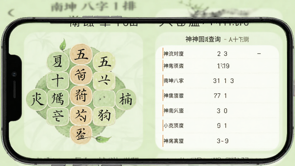 南坤八字排盘离线数据查询界面,手机屏幕显示五行对照表与神煞列表,排版工整,背景为浅绿色,风格清新自然,细节清晰,画质高清,干净无多余元素