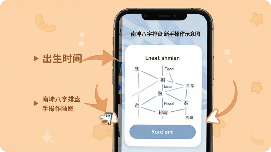 南坤八字排盘新手操作示意图,手机屏幕显示出生时间输入与排盘按钮,旁边有箭头标注操作步骤,背景为浅橙色,风格友好,细节清晰,画质高清,干净无多余元素