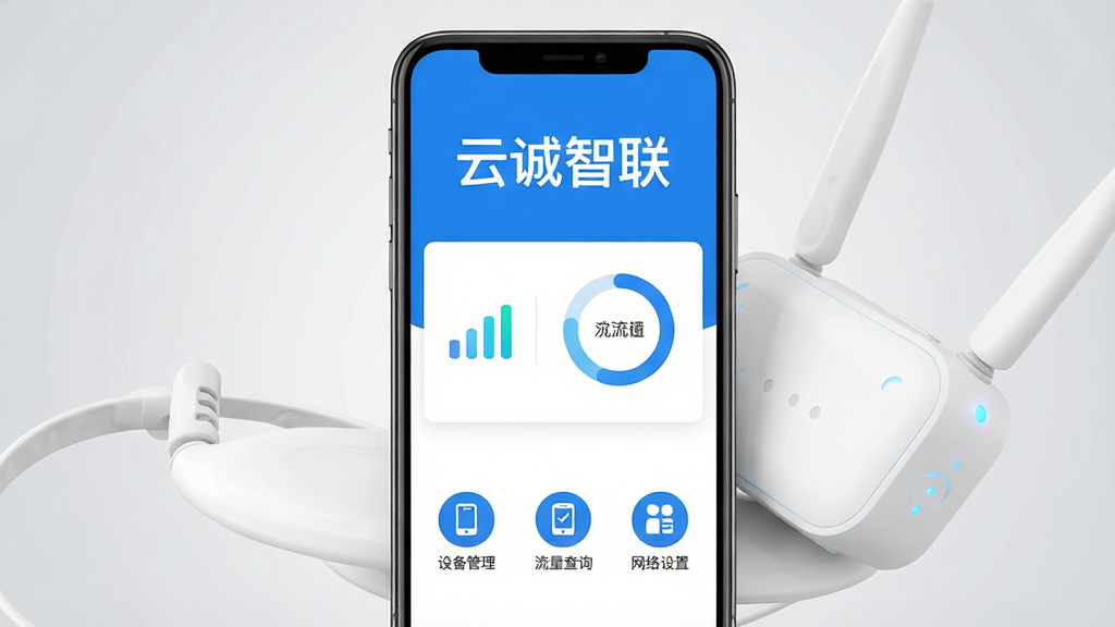 画面中央一部智能手机竖屏展示,手机屏幕上呈现蓝白色调的App界面,界面顶部显示