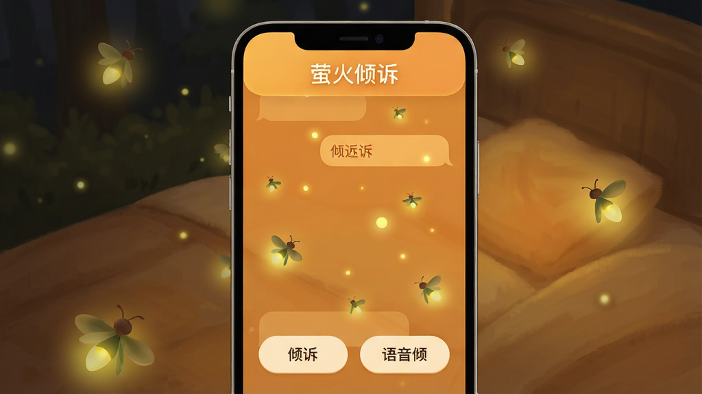 萤火倾诉软件主界面展示,画面中央是手机屏幕,屏幕内呈现温暖的橙黄色调聊天界面,有萤火虫光点装饰,界面顶部显示“萤火倾诉”文字,底部有文字倾诉和语音倾诉按钮,整体布局简洁清晰,风格温馨治愈,细节包括柔和光晕和圆角图标,画质高清,干净,无多余元素