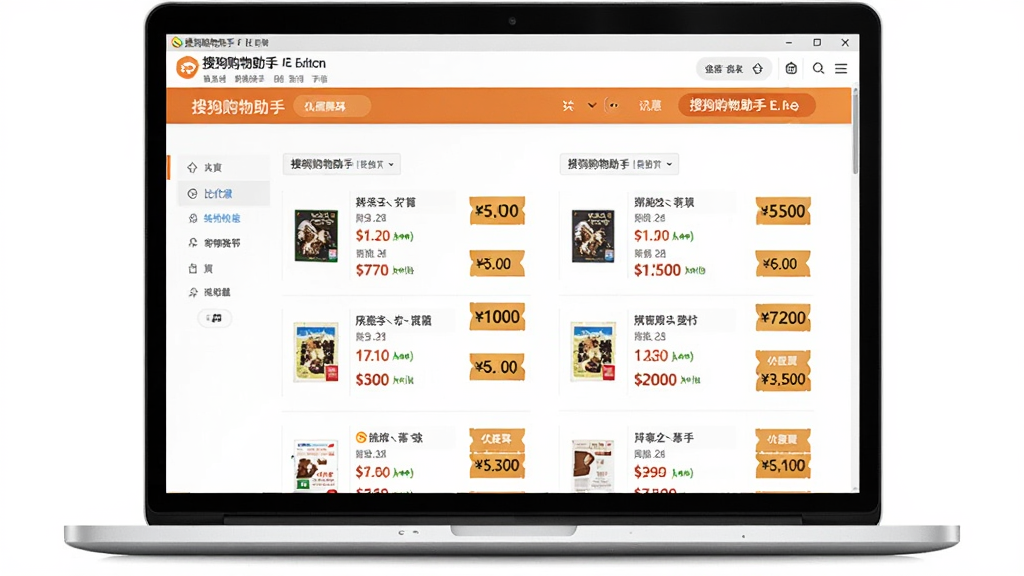 一幅AI生图,画面主体是一台笔记本电脑屏幕,屏幕上显示着搜狗购物助手 IE版的比价界面,界面中并列展示多个电商平台的商品价格,价格数字清晰可见,布局为左右分栏式排版,风格为现代简约科技风,细节包括价格标签、商品缩略图、优惠券图标,画质高清,干净无多余元素