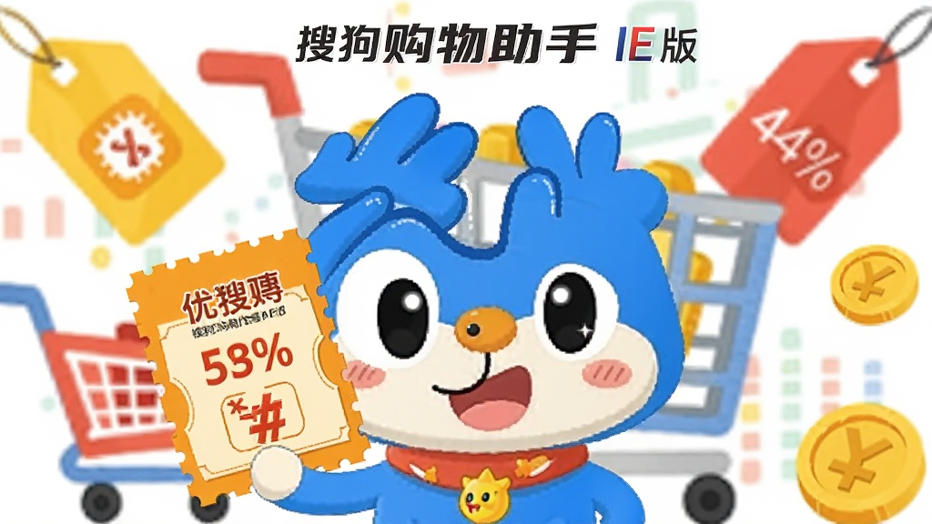 AI生成图片,主体为一只卡通风格的搜狗形象手持优惠券,背景为购物车和价格标签的抽象图案,布局为中心对称构图,风格为活泼可爱的扁平化插画,细节包括优惠券上的折扣数字、购物车图标、金币元素,画质清晰,干净无多余元素,画面中带有“搜狗购物助手 IE版”文字