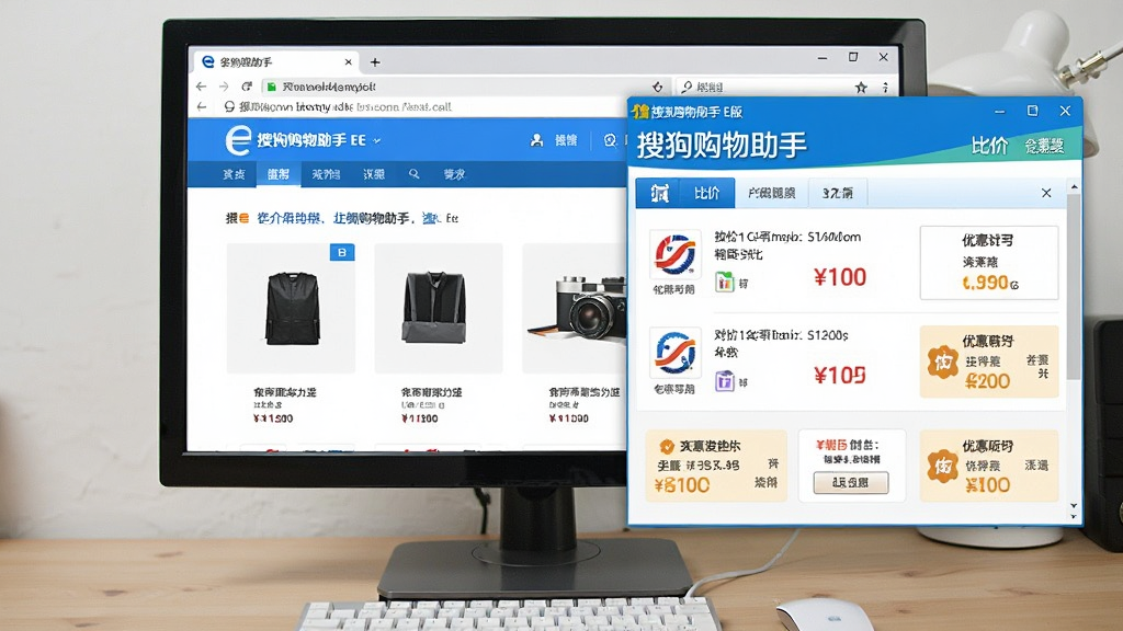 一张展示电脑桌面上IE浏览器打开的购物页面,页面右侧悬浮着搜狗购物助手 IE版的比价窗口,窗口内显示不同电商平台的价格对比列表和优惠券信息,界面简洁清晰,整体风格为科技蓝与白色搭配,画面干净整洁,细节丰富,高清画质,无多余元素