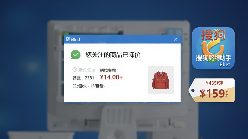 AI生图,主体为一个电脑屏幕弹窗通知,通知内容显示“您关注的商品已降价”,弹窗旁边有搜狗购物助手 IE版的图标和价格标签,布局为屏幕中央弹窗式排版,风格为现代UI设计风格,细节包括通知图标、价格数字、商品小图,画质清晰,干净无多余元素