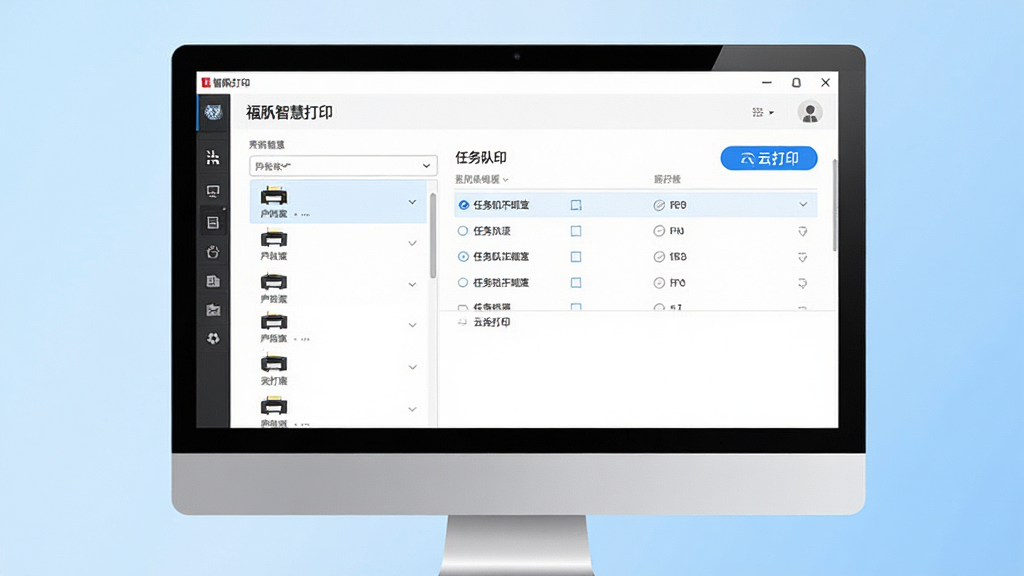 一张展示福昕智慧打印软件界面的图片,主体为电脑屏幕,屏幕上显示福昕智慧打印的主界面,包含打印机列表、任务队列和云打印按钮,布局清晰,排版简洁,风格为现代科技商务风,细节上屏幕边框为银色,桌面背景为淡蓝色渐变,画质高清,画面干净,无多余元素。