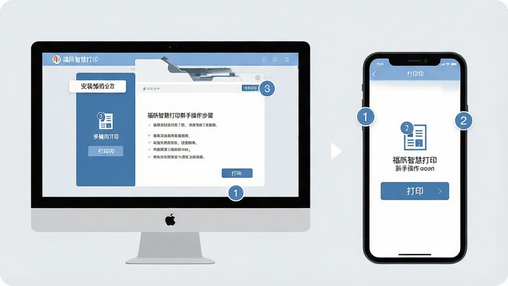 一张展示福昕智慧打印新手操作步骤的示意图,主体为电脑屏幕和手机屏幕并列,电脑屏幕显示安装向导界面,手机屏幕显示打印按钮,布局为左右对比,排版清晰,风格为扁平化教程风,细节上屏幕中有关键步骤数字标注,背景为淡灰色,画质清晰,画面干净,无多余元素。