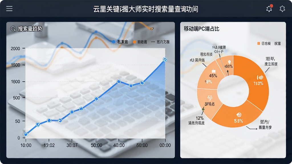 一张展示云里关键词挖掘大师实时搜索量查询功能的图片,主体为软件界面中的搜索量趋势折线图和移动端PC端占比饼图,布局为左侧折线图、右侧饼图,排版对称,风格为数据分析仪表盘风格,细节包括蓝色折线、橙色饼图、百分比数字、时间轴,画质高清,画面干净,无多余元素