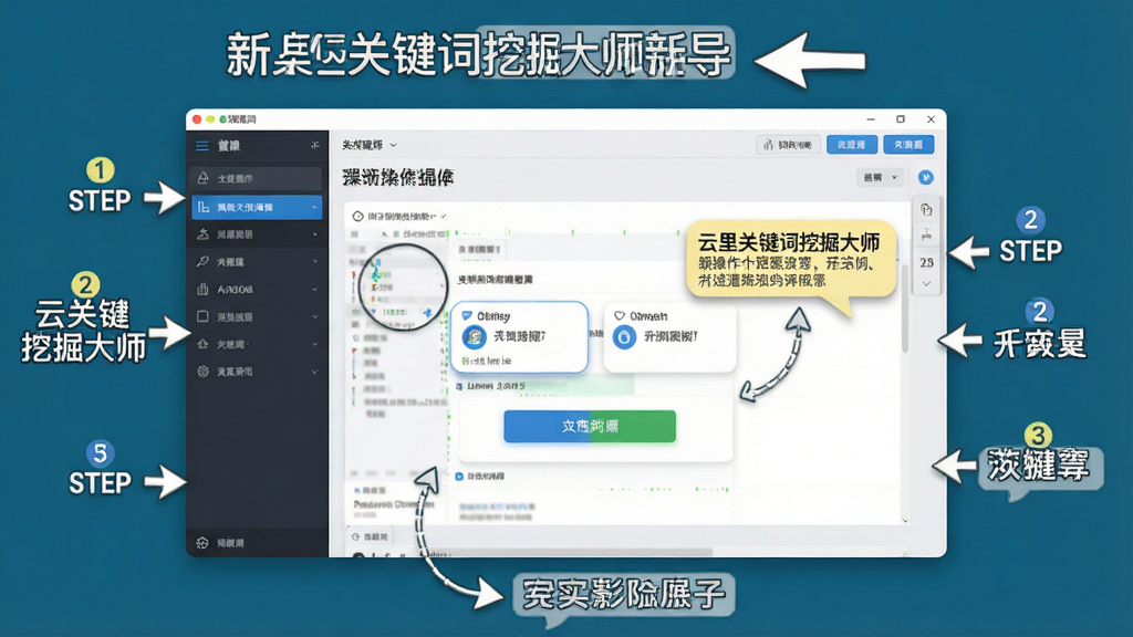 一张展示云里关键词挖掘大师新手操作界面的图片,主体为软件主界面和操作提示标注,布局为全屏截图风格,四周带有箭头和文字说明标注,排版清晰,风格为教程引导风格,细节包括高亮按钮、步骤序号、提示气泡,画质高清,画面干净,无多余元素