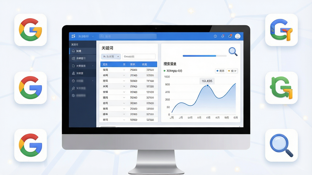 一张展现云里关键词挖掘大师软件核心功能的整体预览图,主体为电脑屏幕中打开的软件界面,界面中显示关键词列表和搜索量数据曲线图,布局采用中心构图,软件窗口居中,四周环绕着代表搜索引擎的图标元素,排版整洁清晰,风格为现代科技商务风,细节包括蓝色调的界面配色、数据表格、进度条、放大镜图标,画质高清,画面干净,无多余元素