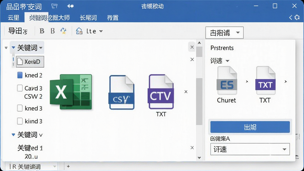 一张展示云里关键词挖掘大师长尾词导出功能的图片,主体为软件界面中的导出设置窗口和文件格式图标,布局为左侧关键词列表、右侧导出参数面板,排版整洁,风格为办公软件风格,细节包括Excel图标、CSV图标、TXT图标、导出按钮、筛选下拉框,画质清晰,画面干净,无多余元素
