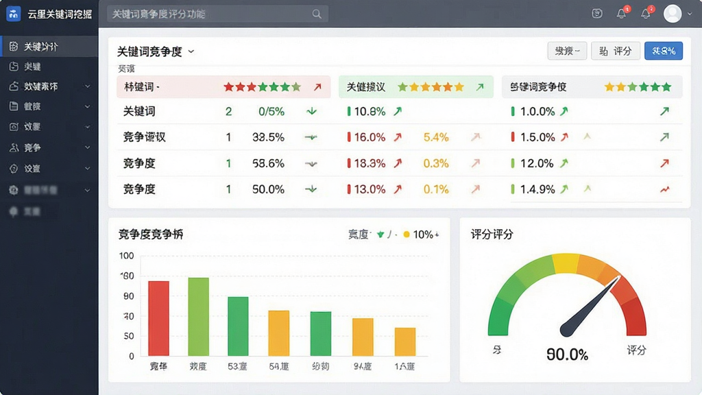 一张展示云里关键词挖掘大师竞争度分析功能的图片,主体为软件界面中的关键词竞争度评分面板,布局为上下结构,上方是关键词列表,下方是竞争度柱状图和评分仪表盘,排版清晰,风格为数据可视化商务风,细节包括红绿黄三色评分标识、数字指标、趋势箭头,画质高清,画面干净,无多余元素