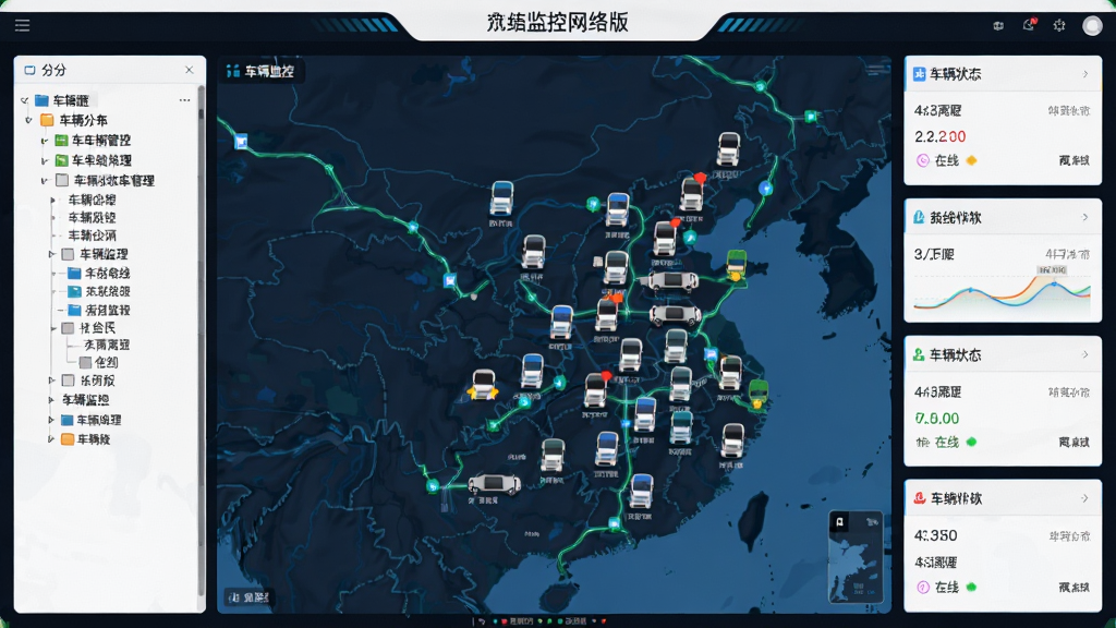 车辆监控 网络版多车集中管理界面图,画面中一张大地图上分布着数十个车辆图标,左侧有分组树状列表,右侧有车辆状态统计卡片,布局为左中右三栏,风格为数据可视化商务风,细节包括分组名称和在线离线状态标识,画质清晰,干净,无多余元素