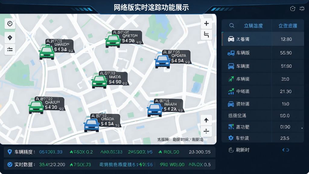 车辆监控 网络版实时定位追踪功能展示图,主体为一张电子地图,地图上有多个绿色和蓝色的车辆图标,每个图标旁标注着车牌号和速度,地图下方有实时数据滚动条,布局采用左图右表的形式,风格为扁平化科技风,细节包括定位精度标识和刷新时间,画质清晰,干净,无多余元素