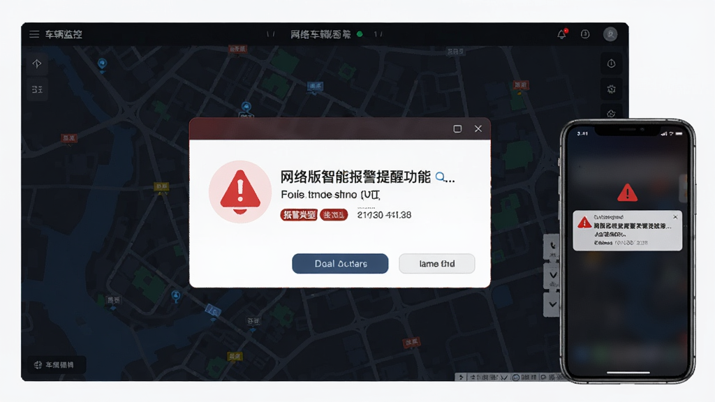 车辆监控 网络版智能报警提醒功能示意图,主体为软件弹窗界面,弹窗内显示红色报警图标和报警文字说明,背景是深色地图,弹窗旁边有一部手机显示推送通知,风格为警示科技风,细节包括报警类型标签和时间戳,画质清晰,干净,无多余元素